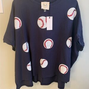 Navy Baseball Sequin Tee by Fantastic Fawn